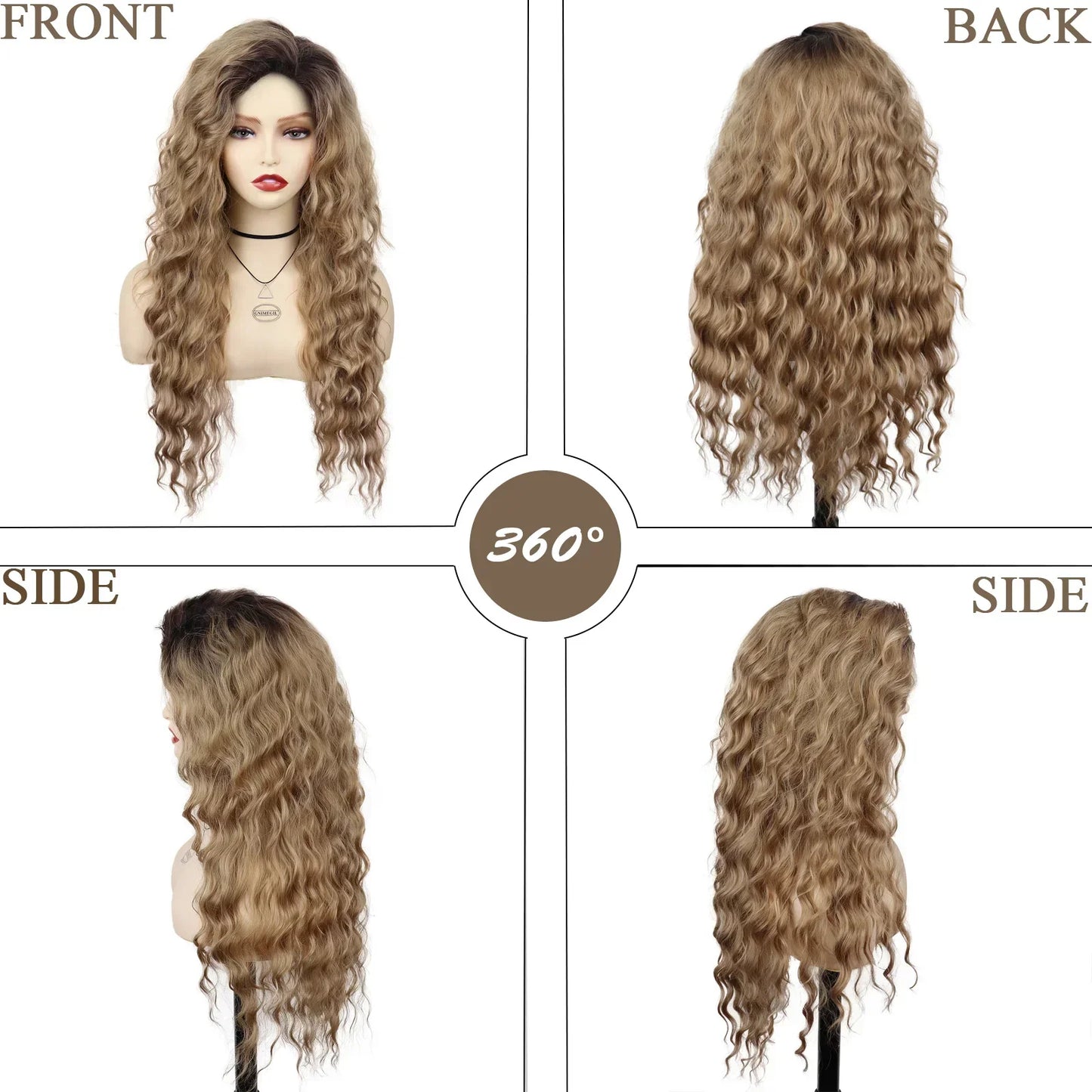 GNIMEGIL Synthetic Long Wave Wig for Woman Natural Brown Wig with Clip Free Part Side Bangs 80s Curly Wigs for Women Ombre Wig