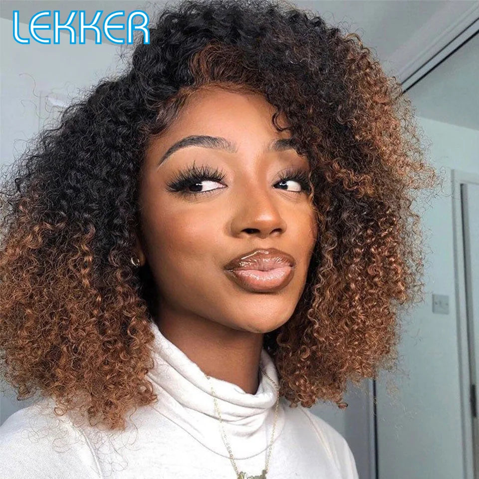 Lekker Highlight Brown Kinky Curly Bob Human Hair Wig For Women Natural Glueless Brazilian Remy Hair Ombre Blonde Non Lace Wigs