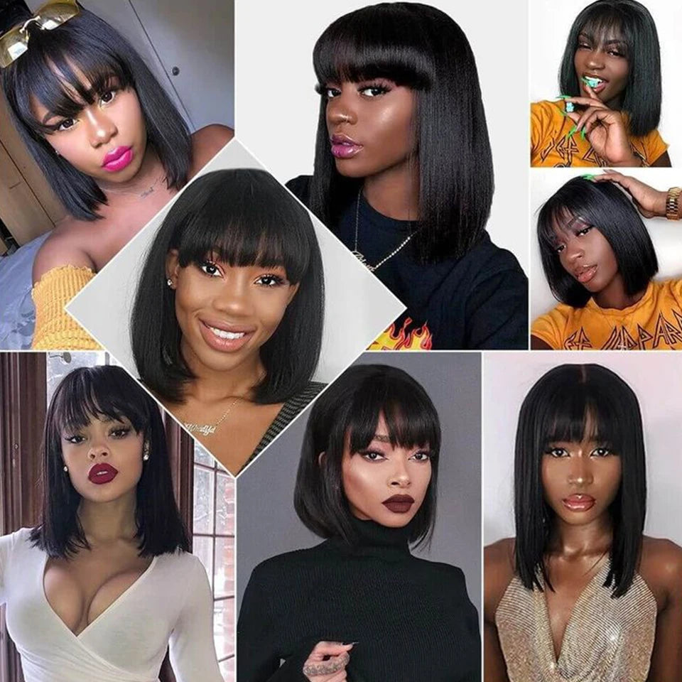 Straight Bob Human Hair Wigs With Bangs Short Brazilian Human Hair 150density For Woman No Lace Full Machine Made Human Hair Wig