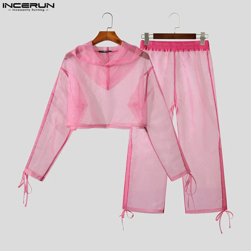 2023 Men Sets Mesh Transparent Lace Up Pleated Hooded Long Sleeve Crop Tops & Pants 2PCS Streetwear Solid Men's Suits INCERUN