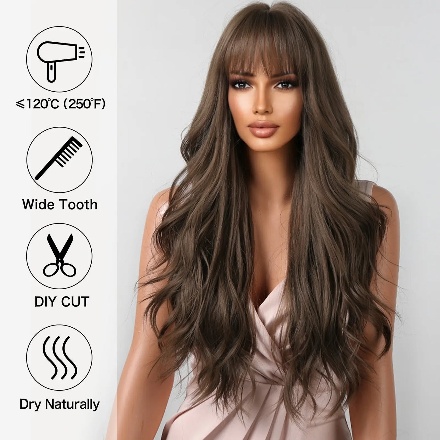 Brown Wavy Wigs for Women with Bangs Long Natural Synthetic Hair Wig Daily Cosplay Heat Resistant