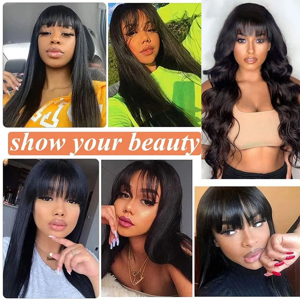 100% Human Hair Wigs Straight Hair With Bang Fringe For Women Brazilian Bob Wig Glueless Full Machine Made With Bangs 30 Inch