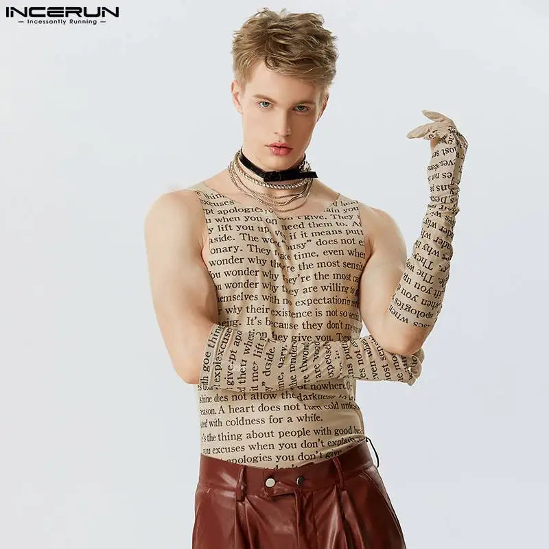 Men Tank Tops Letter Printing Gloves Streetwear O-neck Sexy Sleeveless Vests Summer Transparent 2023 Men Clothing S-5XL INCERUN