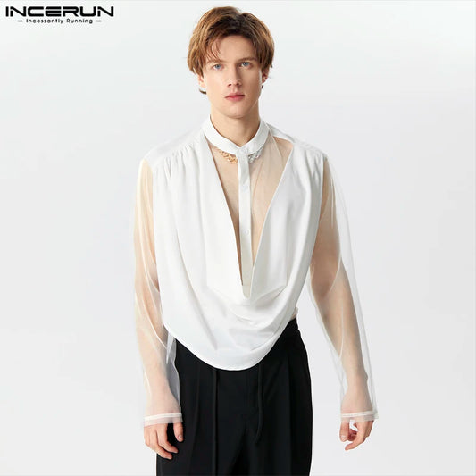 2024 Men's Irregular Shirt Mesh Patchwork Stand Collar Streetwear Long Sleeve Camisas Transparent Fashion Men Clothing INCERUN