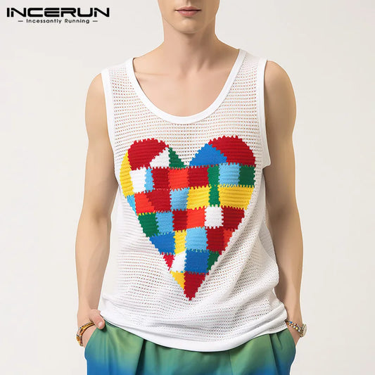 2024 Men Tank Tops Printing Hollow Out O-neck Sleeveless Summer Transparent Male Vests Streetwear Fashion Men Clothing INCERUN