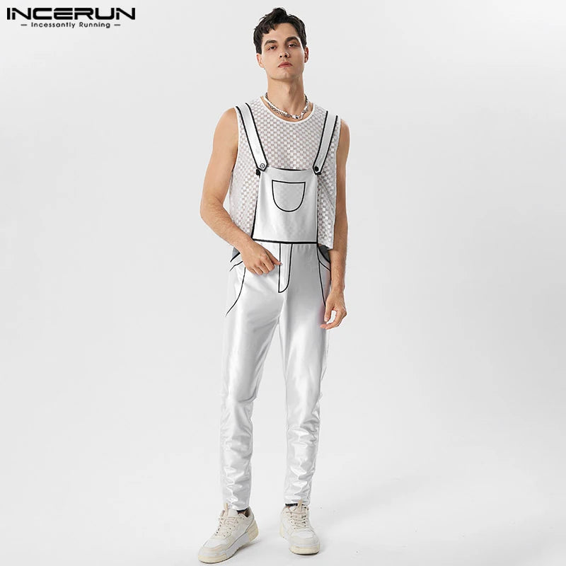 INCERUN 2023 Men Jumpsuits Patchwork Sleeveless Streetwear Suspenders Rompers Pockets Fashion Male Straps Overalls Pants S-5XL