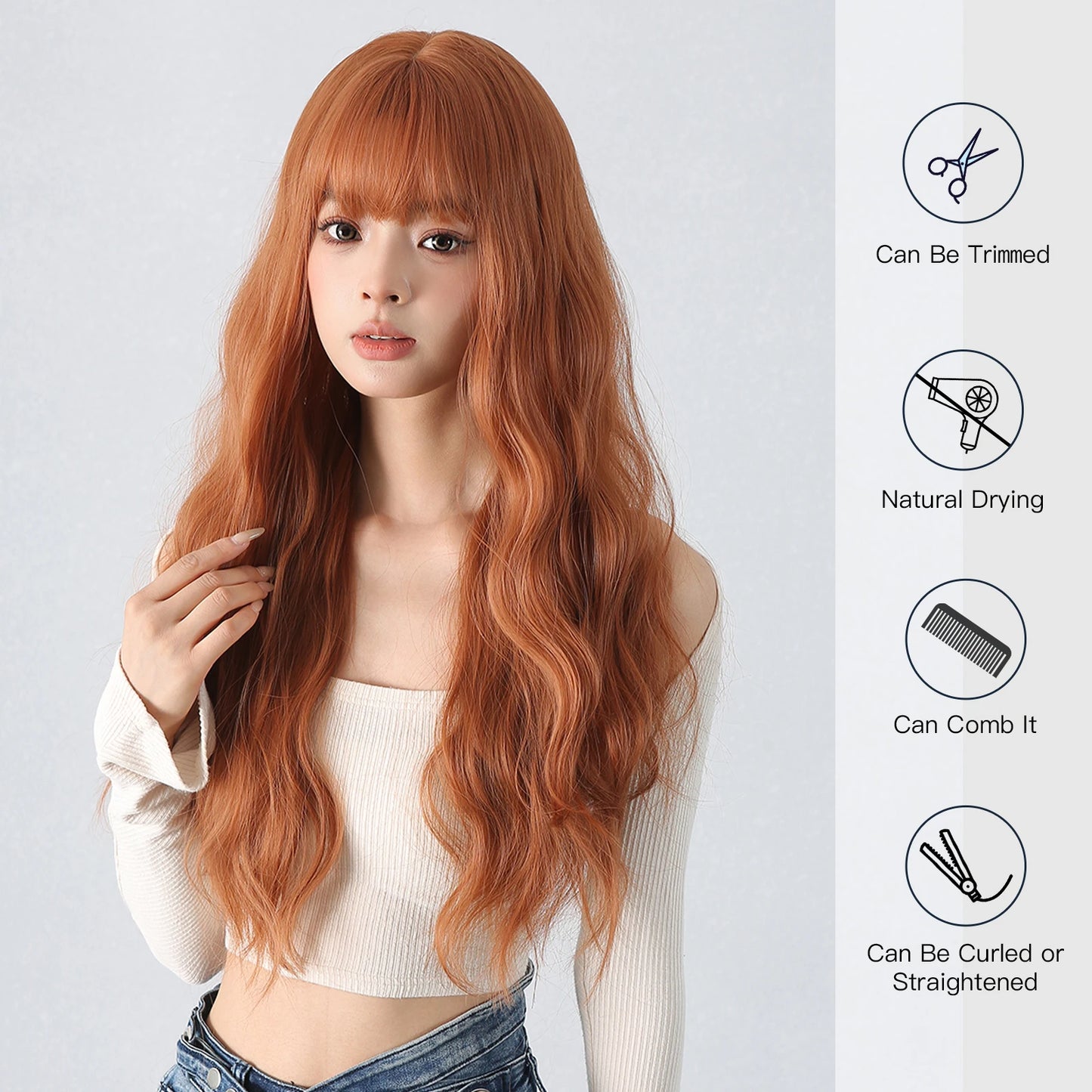 Copper Ginger Red Brown Long Fluffy Wavy Synthetic Wigs with Bangs Cosplay Hair Wig for Women Daily Natural Heat Resistant