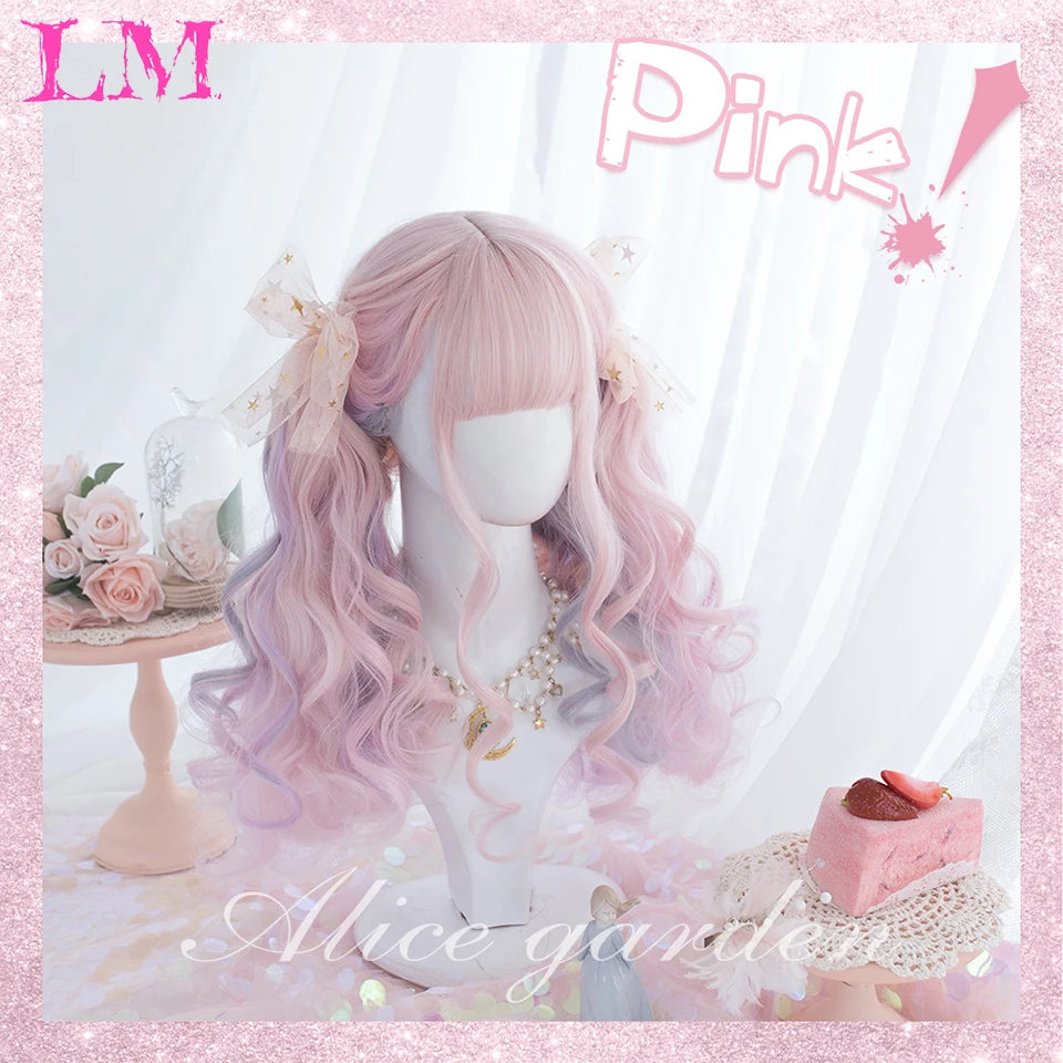 LM Synthetic Wig Long Ombre Pink Wigs Natural Wavy Heat Resistant Fiber for Women Halloween Cosplay Lolita Harajuku Daily Wig