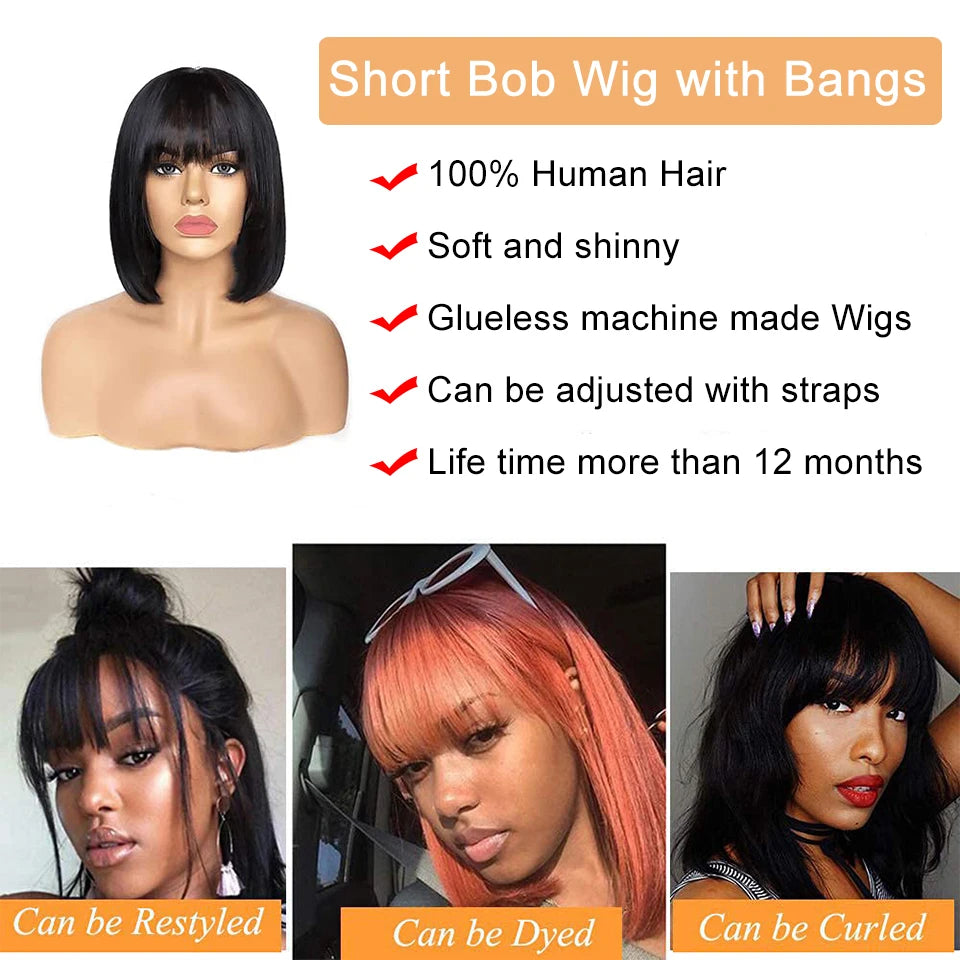 Straight Bob Human Hair Wigs With Bangs Short Brazilian Human Hair 150density For Woman No Lace Full Machine Made Human Hair Wig