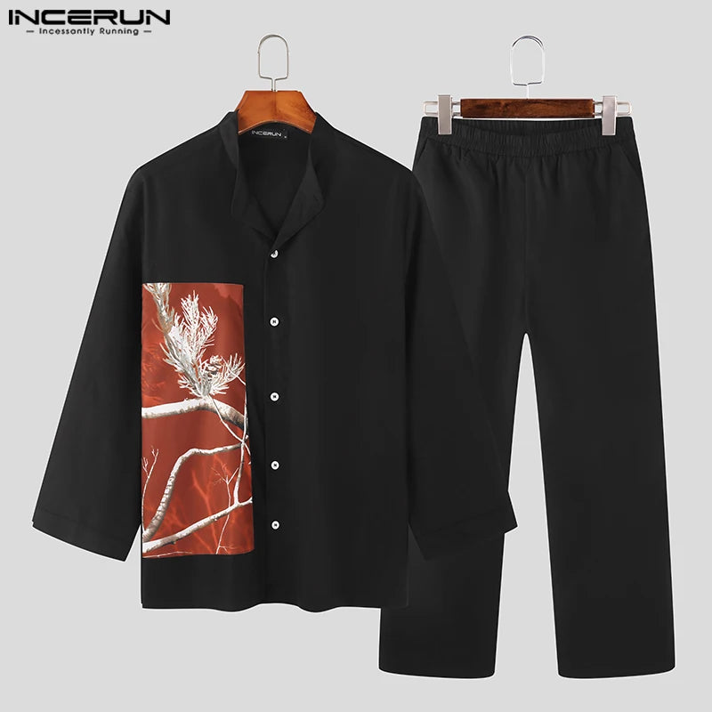 INCERUN 2023 Men Sets Printing Stand Collar Long Sleeve Shirt & Straight Pants 2PCS Streetwear Vintage Men's Casual Suits S-5XL