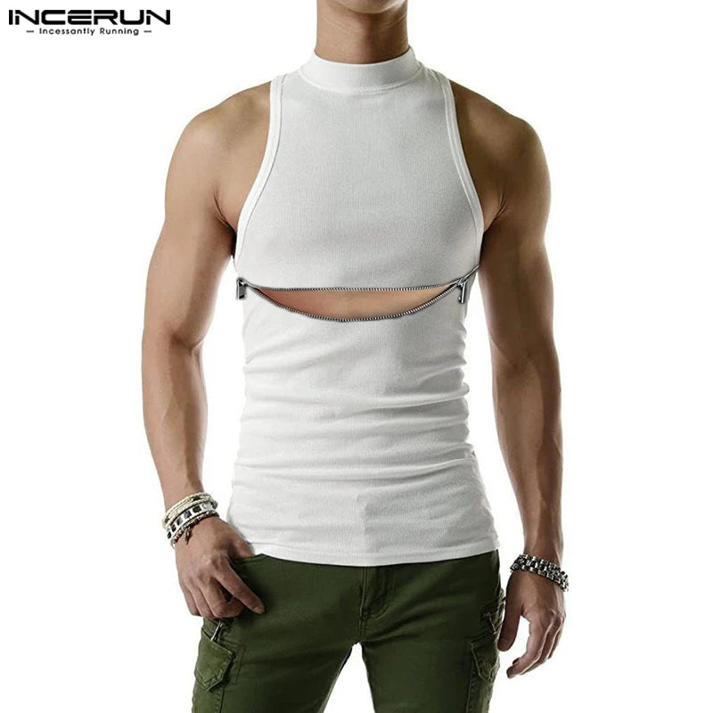 Men Tank Tops Zipper Turtleneck Sleeveless Summer Fitness Solid Vests Streetwear 2023 Fashion Casual Men Clothing S-5XL INCERUN