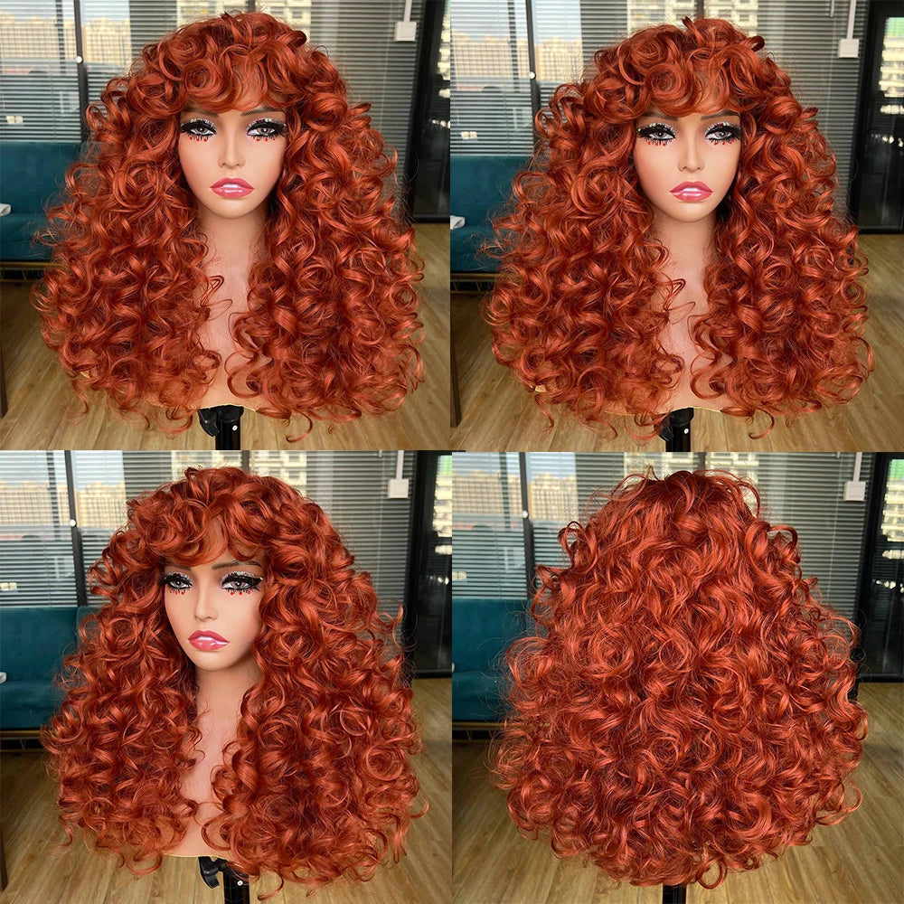 Red Brown Copper Ginger Short Curly with Bangs Synthetic Wigs for Women Natural Wave Wigs Heat Resistant HIHOO Hair Cosplay Hair