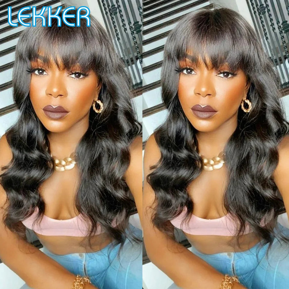 Lekker Wear to go Natural Body Wave Human Hair Wig With Bangs For Women Brazilian Remy Hair Glueless Long Wavy Fringe Bob Wigs