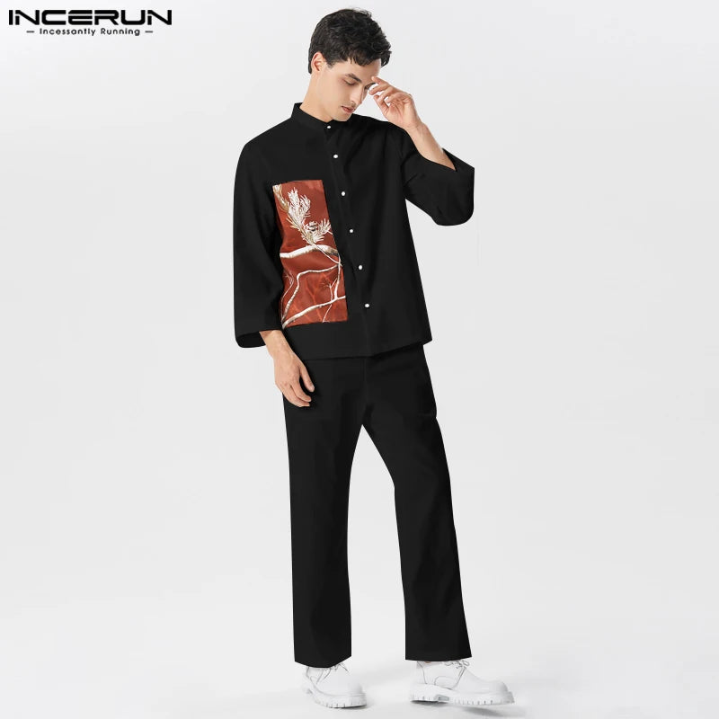 INCERUN 2023 Men Sets Printing Stand Collar Long Sleeve Shirt & Straight Pants 2PCS Streetwear Vintage Men's Casual Suits S-5XL