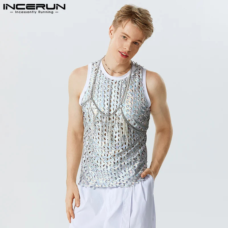 INCERUN-camisetas sin mangas brillantes con cuello redondo para hombre, ropa de calle sin mangas, chalecos calados, ropa Sexy de moda para fiesta, S-5XL 2023