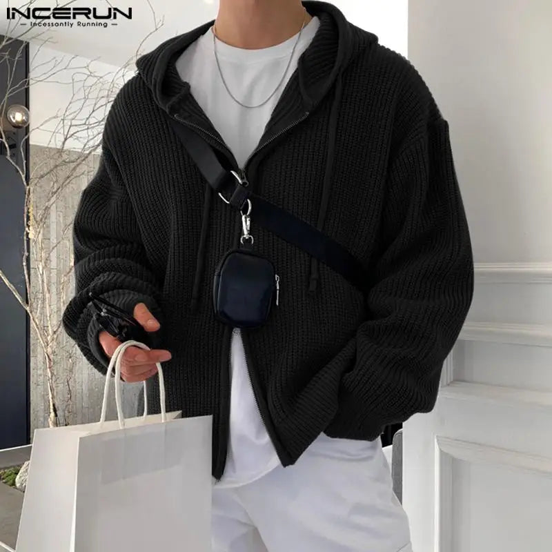 INCERUN Tops 2023 Korean Style Men Hooded Pit Knitted Sweater Casual Streetwear Male Double Head Zipper Long Sleeve Hoodie S-5XL