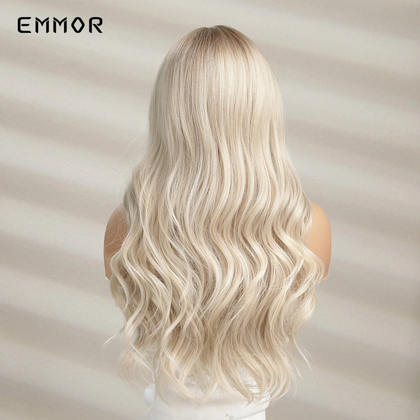 Emmor Ombre Black to Light Blonde Hair Wig Synthetic Long Wavy Wigs with Bangs for Women Cosplay Natural High Temperature Fiber