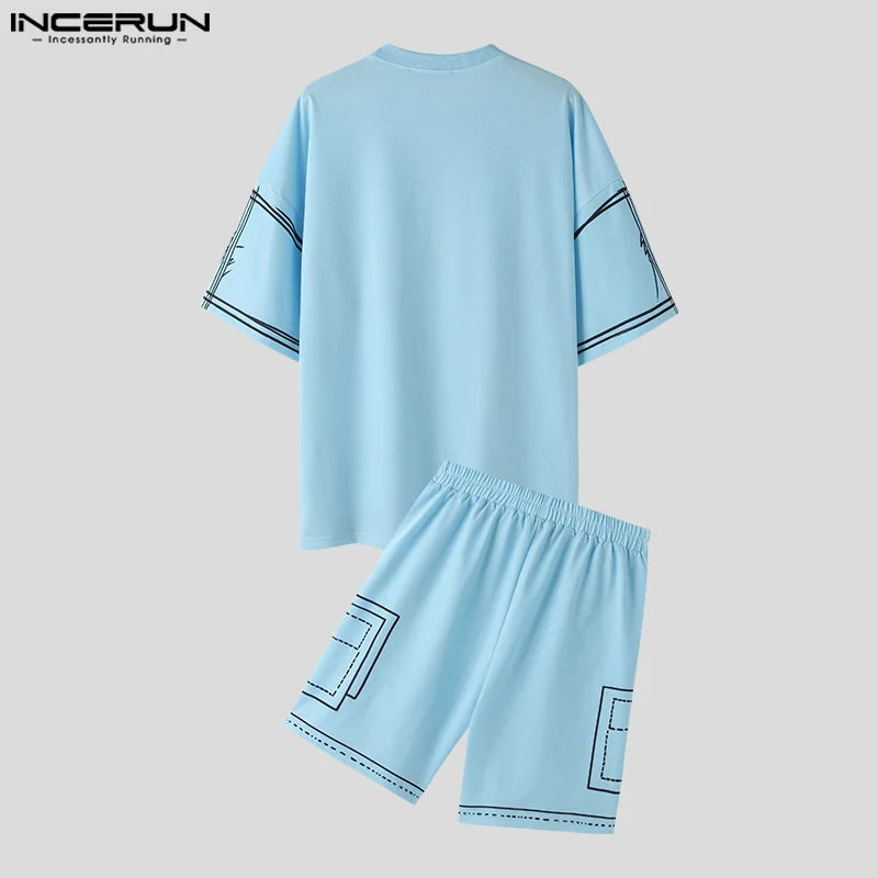 2024 männer Sets Druck Sommer Koreanischen Stil Streetwear Oansatz Kurzarm T-Shirt und Shorts 2PCS männer Casual Anzüge S-5XL INCERUN