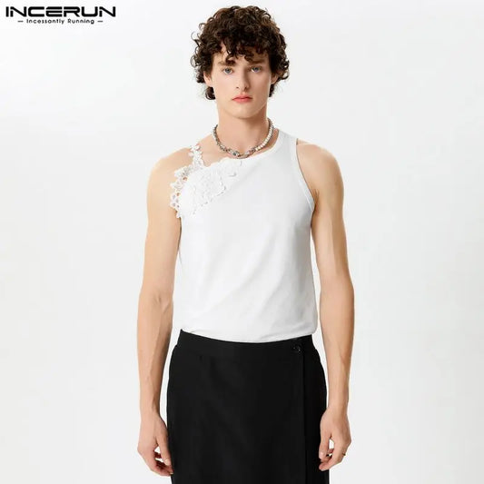 2024 Men's Tank Tops Lace Patchwork O-neck Sleeveless Streetwear Male Vests Fitness Summer Fashion Casual Men Clothing INCERUN