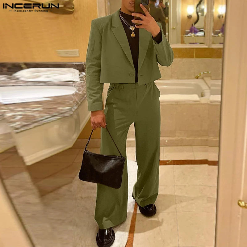 2024 Fashion Men Sets Solid Color Loose Lapel Long Sleeve One Button Blazer & Pants 2PCS Streetwear Men's Suits S-3XL INCERUN