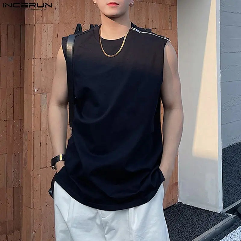 INCERUN Fashion Men Tank Tops Streetwear 2023 Solid O-neck Sleeveless Zipper Vests Summer Korean Style Casual Men Clothing S-5XL