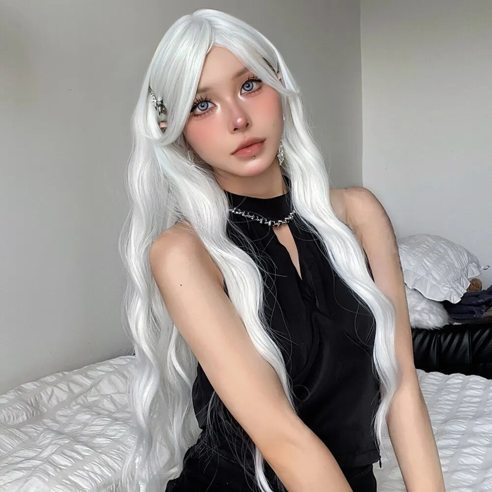 Long Water Wave Wig with Bangs White Colorful Cosplay Silky Wig for Women Daily Party Natural Soft Synthetic Hair Heat Resistant