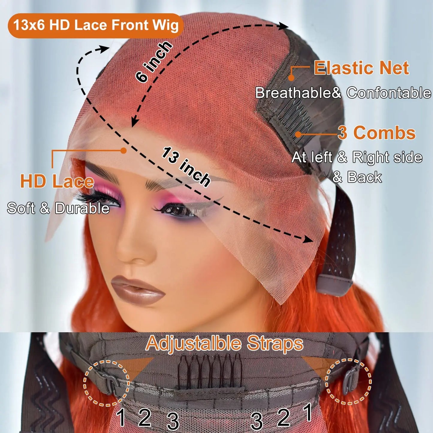 Swupod 13x4 13x6 200 Density Transparent HD Lace Front Wig for Women Deep Wave Remy Human Hair Ginger Orange Color Glueless