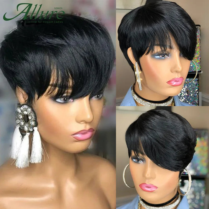 Natural Short Bob Pixie Cut Wigs For Black Women Straight Colored Human Hair With Bangs Glueless Natural Brazilian Hair Allure