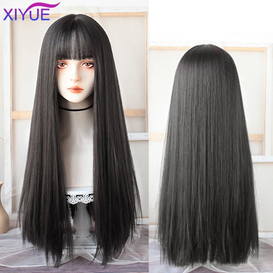 XIYUE-peluca negra larga y recta con flequillo, pelucas sintéticas para mujer, pelo Natural resistente al calor para fiesta diaria de Halloween, Cosplay