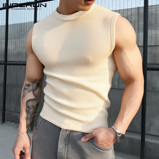 2024 Men Tank Tops Solid Color O-neck Sleeveless Streetwear Casual Male Vests Summer Knitted Fashion Men Clothing S-5XL INCERUN