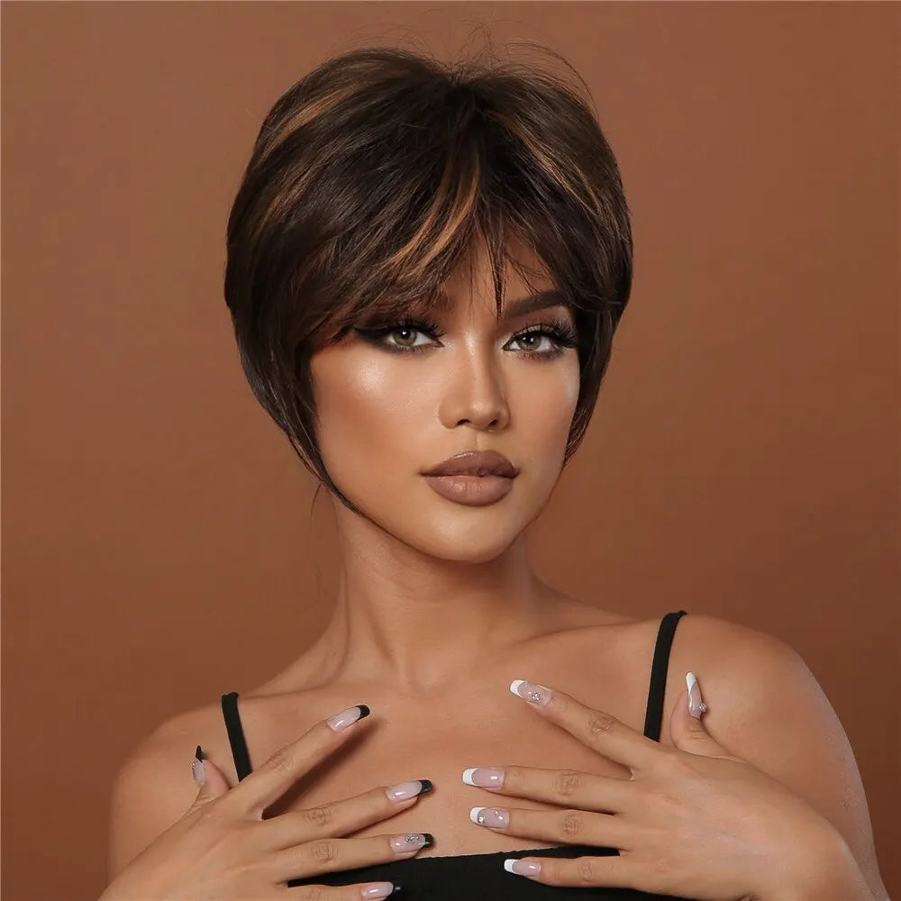 Brown Synthetic Hair Wigs for Black Women Short Pixie Cut Hair Wigs With Bangs Party Daily Use Wig Natural Hair Heat Resistant