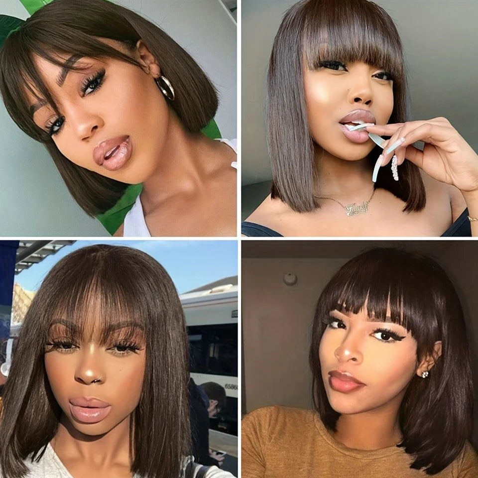 Brazilian Short Straight Hair Bob Wigs Human Hair Wig With Bangs Remy Full Machine Made Wig for Women Non Lace Glueless Bob Wig