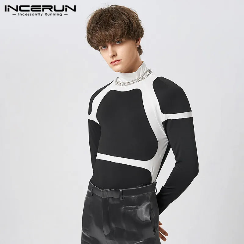 2023 Fashion Men T Shirts Patchwork Turtleneck Long Sleeve Casual Camisetas Skinny Streetwear Leisure Men Clothign S-5XL INCERUN