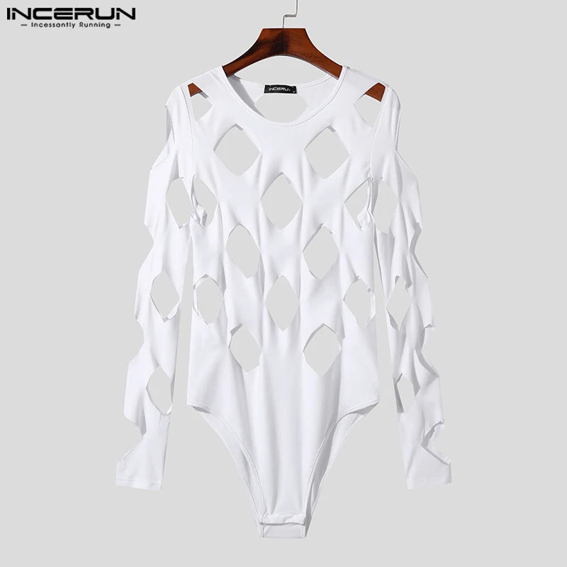 2023 Men Bodysuits Solid Hollow Out Sexy O-neck Long Sleeve Male T Shirts Rompers Streetwear Sexy Fashion Bodysuit S-3XL INCERUN
