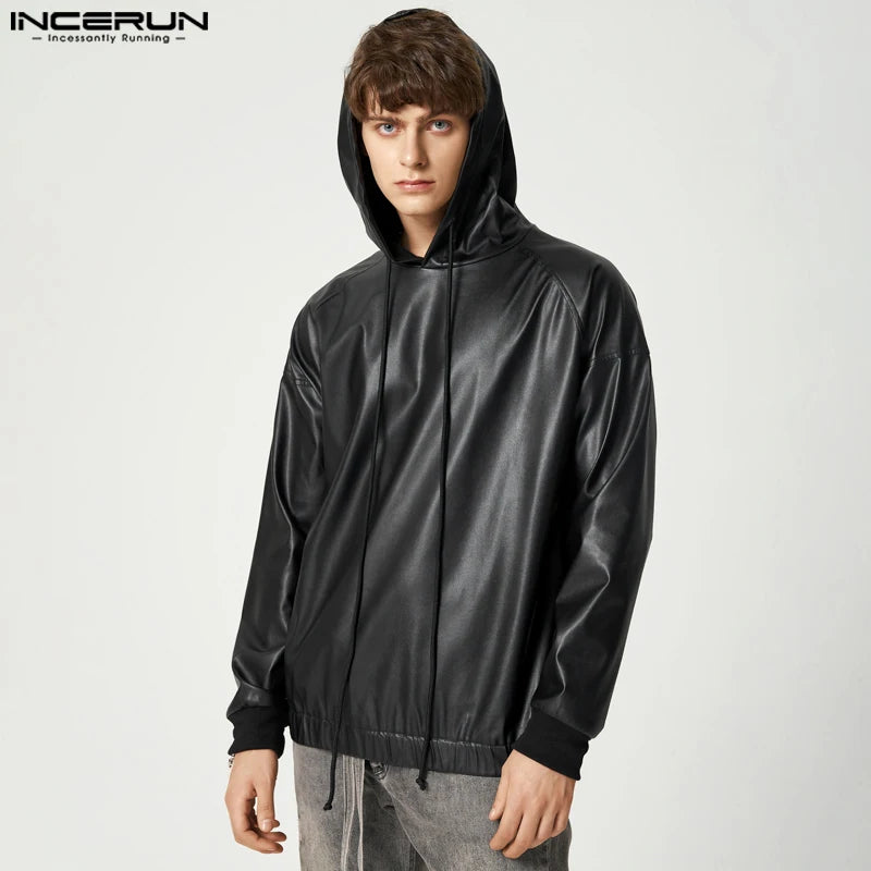 INCERUN 2023 Fashion Men Sweatshirts PU Leather Hooded Long Sleeve Hoodies Streetwear Solid Color Punk Casual Men Pullover 5XL 7