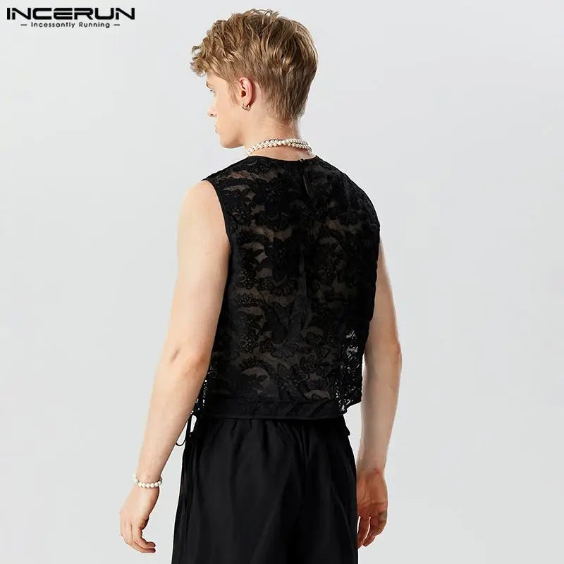 Men Tank Tops Lace Mesh See Through O-neck Sleeveless Male Vests Summer Sexy Streetwear 2023 Lace Up Fashion Crop Tops INCERUN