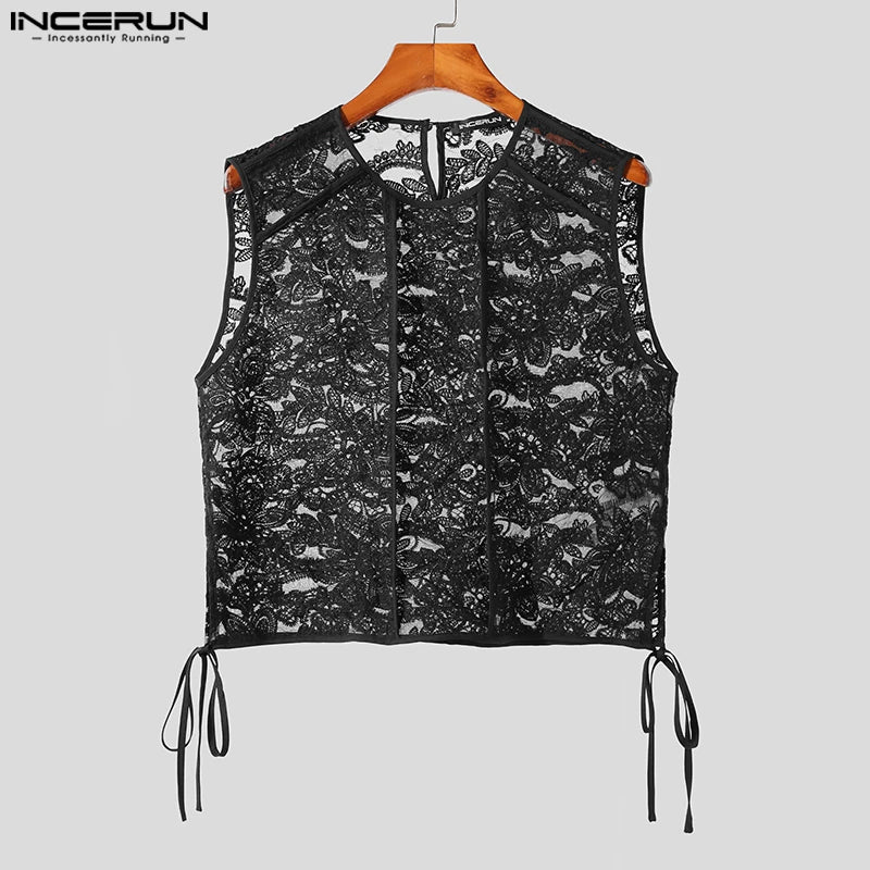 Men Tank Tops Lace Mesh See Through O-neck Sleeveless Male Vests Summer Sexy Streetwear 2023 Lace Up Fashion Crop Tops INCERUN