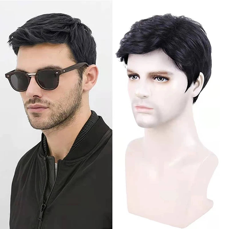 Synthetic Men Short Straight Wig Black for Male Hair Fleeciness Realistic Natural Headgear Hair Heat Resistant for Daily Party