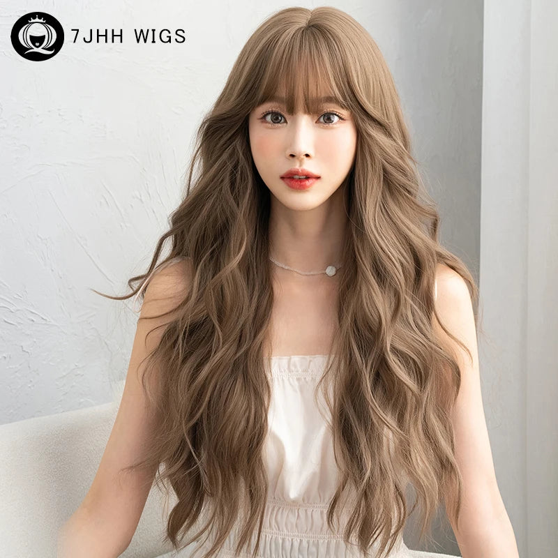 7JHH WIGS Modische, gewellte, honigblonde Perücke für Damen, für alle vier Jahreszeiten, hochdichte, geschichtete Kunsthaarperücken in Braun mit Pony