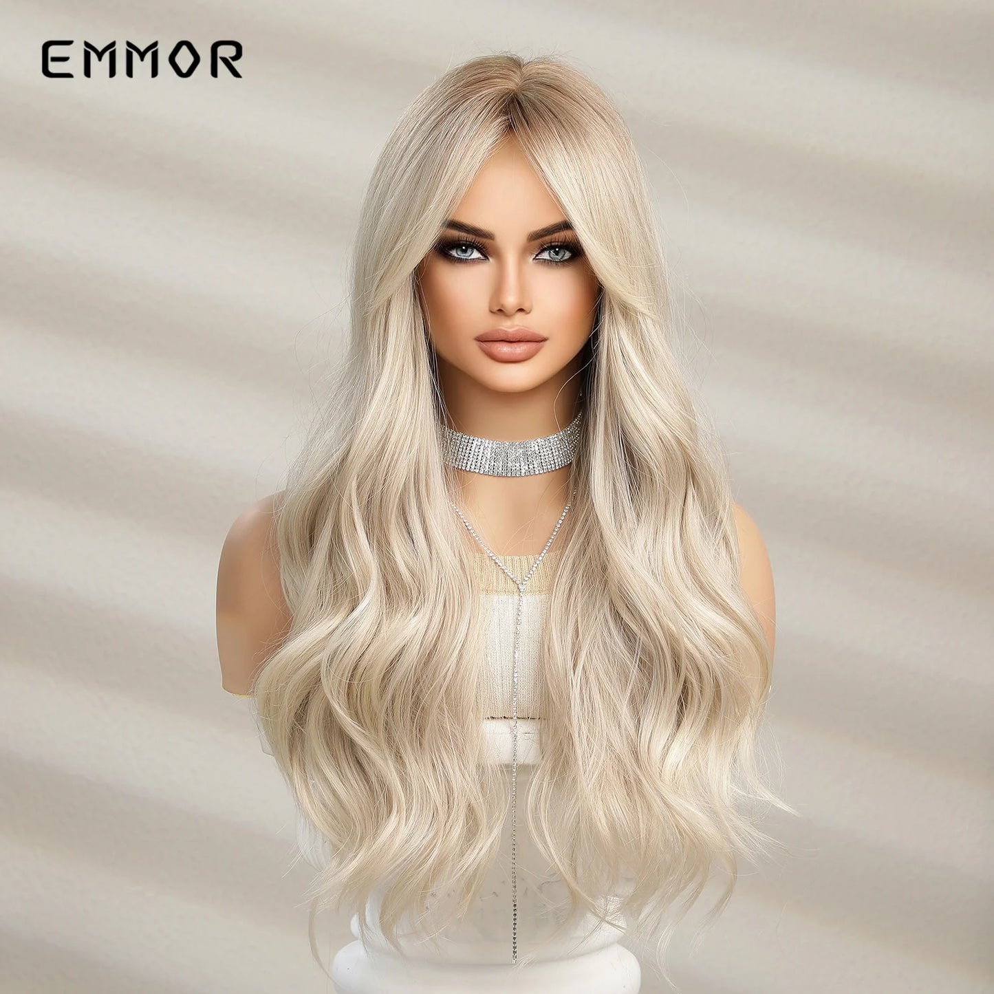 Emmor Ombre Black to Light Blonde Hair Wig Synthetic Long Wavy Wigs with Bangs for Women Cosplay Natural High Temperature Fiber