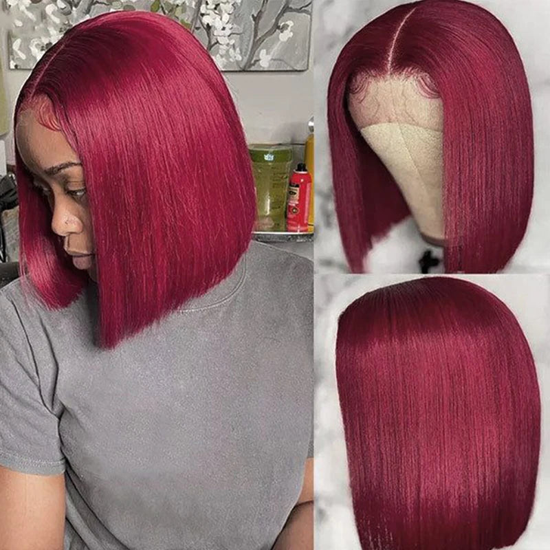 13x4 99J Short Bob Wig Human Hair Dark Red Burgundy Color Full Frontal Bob Wigs Blunt Cut Bone Straight Front For Black Woman