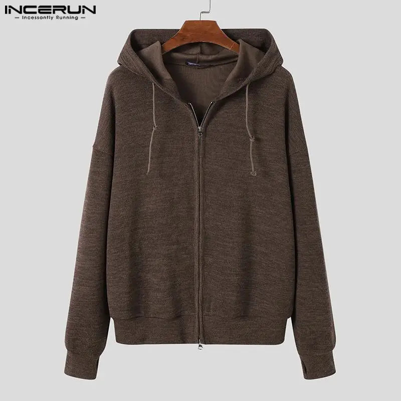 INCERUN Tops 2023 Korean Style Men Hooded Pit Knitted Sweater Casual Streetwear Male Double Head Zipper Long Sleeve Hoodie S-5XL