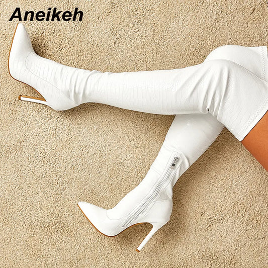 Aneikeh, zapatos blancos sexis por encima de la rodilla con cremallera lateral, zapatos de punta sin cordones, nueva moda, tacones finos a rayas, botas para mujer, primavera 2024