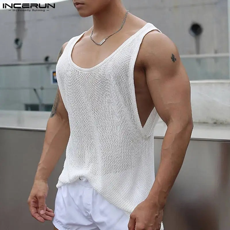 Men Tank Tops Mesh Transparent O-neck Sleeveless Breathable Sexy Male Vests Solid Fashion Streetwear 2023 Men Clothing INCERUN