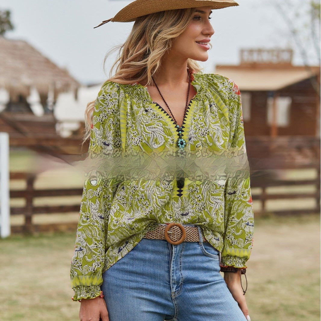 Women's Bohemian Print Flare Sleeve Shirt