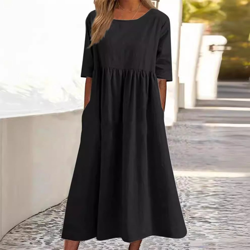 Spring And Summer New Round Neck 5-point Sleeve Plus Size Casual Loose Long Solid Color Cotton And Linen Dress