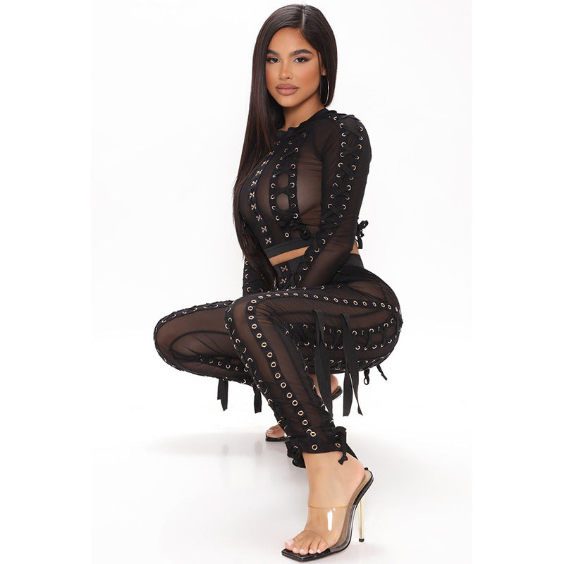 See-through Mesh Decoration Sexy Breathable Pants Strap Two-piece Suit