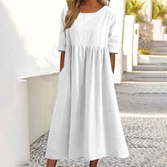 Spring And Summer New Round Neck 5-point Sleeve Plus Size Casual Loose Long Solid Color Cotton And Linen Dress