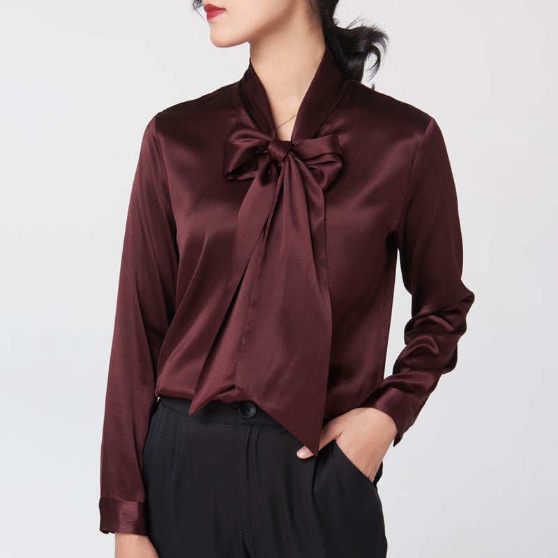 Mulberry Silk Bottoming V-neck Bow Large Ribbon Women's Shirt