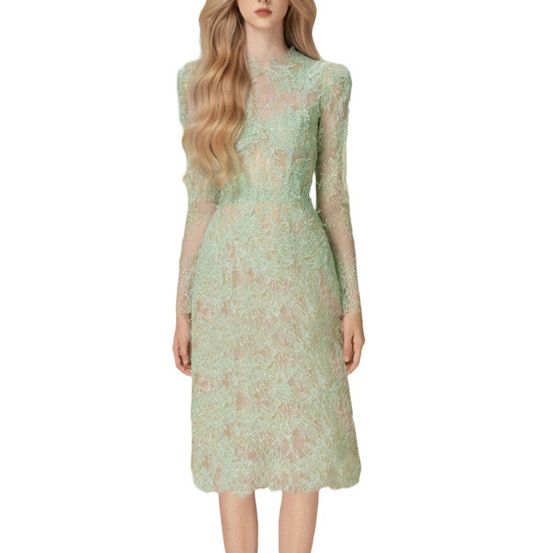 Sequin Embroider Super Slim Lace Mid-length Dress